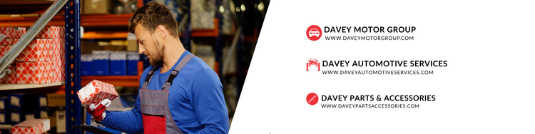 Davey Motor Group banner with Davey Motor Group website link, Davey Automotive Service website link, Davey Parts & Accessories website link. Shown alongside a mechanic getting parts