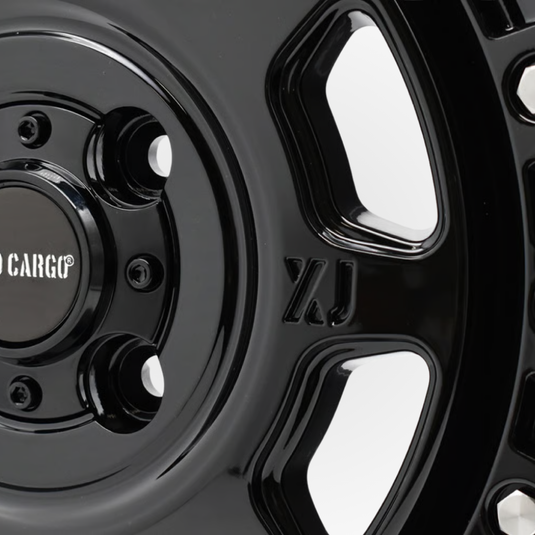 A close-up of the Hard Cargo Extreme-J Black alloy wheel
