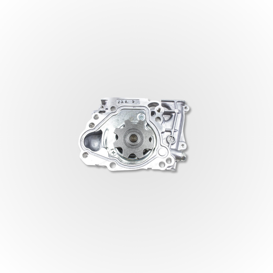 A silver water pump shown from below compatible with the Suzuki Sambar