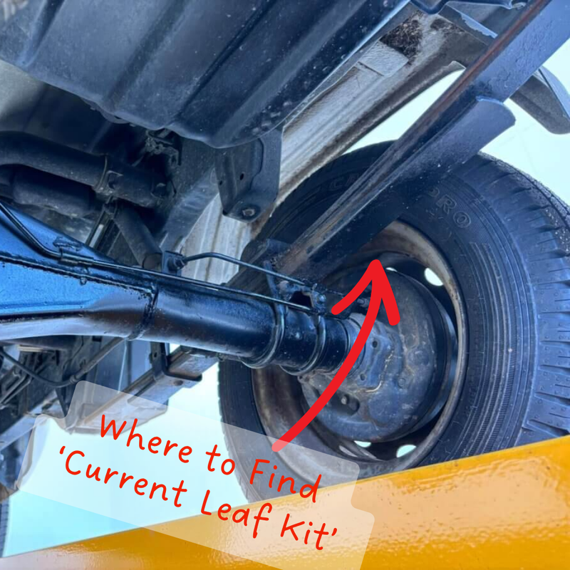Load image into Gallery viewer, the underneath of a Daihatsu Hijet showing the location of the Leaf Suspension Plates. An arrow points the suspension plates and the text &quot;where to find &#39;current leaf kit&#39;&quot;
