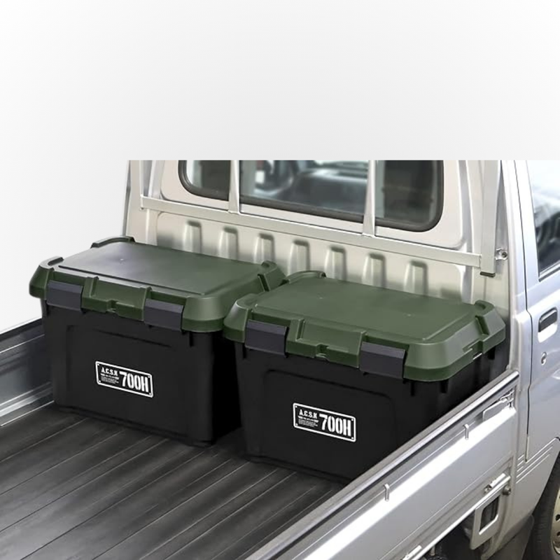 Load image into Gallery viewer, Two Heavy Duty Storage Boxes shown sitting perfectly side by side in the back of a silver Daihatsu Hijet
