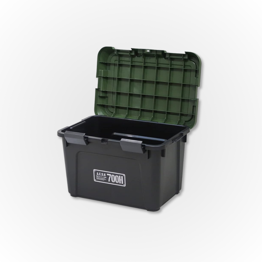 A Heavy Duty Storage box with a green lid, showing the box open and empty