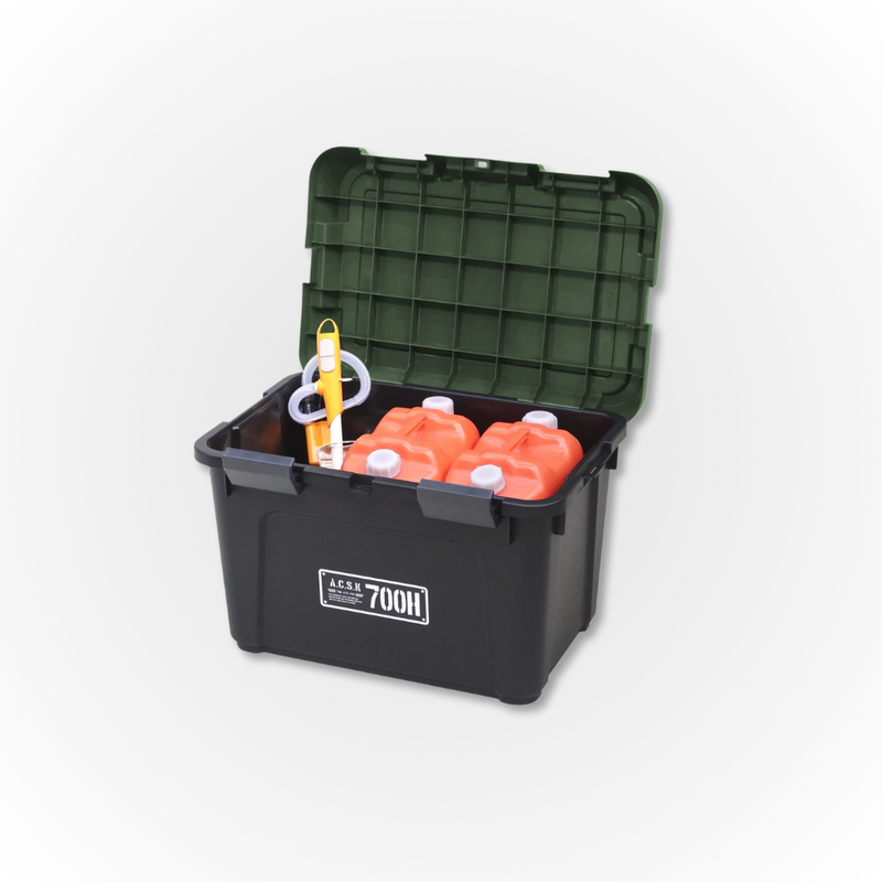 Load image into Gallery viewer, A Heavy Duty Storage box with a green lid shown open filled with different items, compatible with the Daihatsu Hijet
