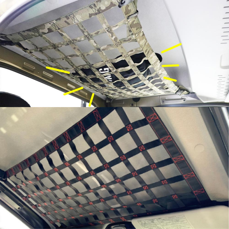 Load image into Gallery viewer, Two images of the Hard Cargo Roof Net (Jumbo Size) installed in the roof. Showing it holding items. 
