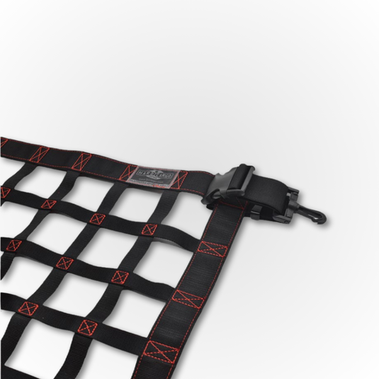 A close up of the Hard Cargo Roof Net (Standard size) Showing the corner and clips of how it would attach to the Daihatsu Hijet