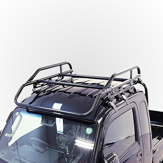 A black Hard Cargo Roof Rack Jumbo installed on top of a black Daihatsu Hijet Jumbo