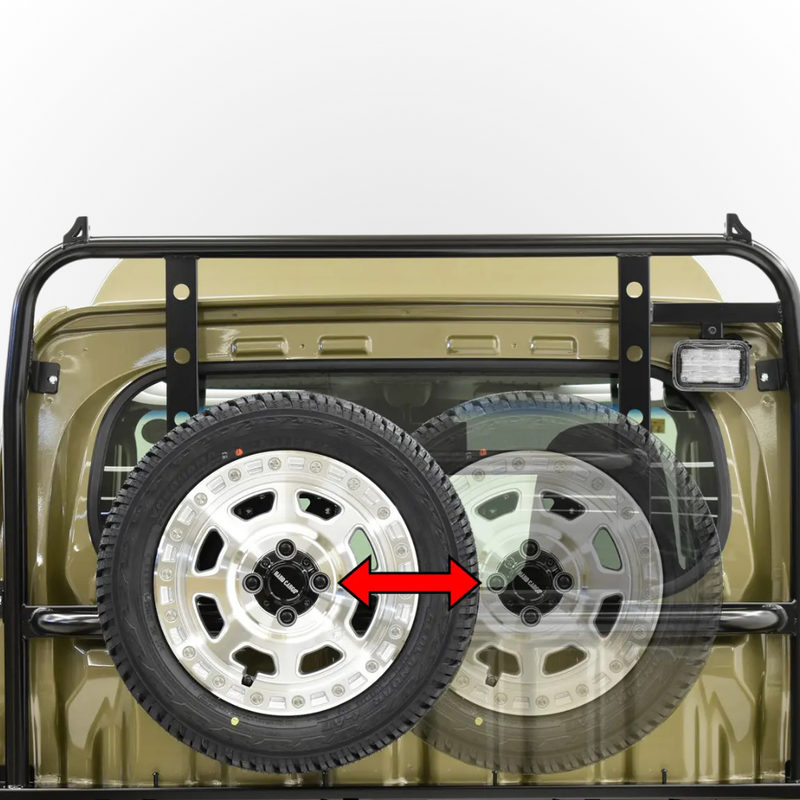 Load image into Gallery viewer, The Hard Cargo Spare Tyre Carrier shown in the back on the back of a Daihatsu Hijet. An arrow shows the positions that the Hard Cargo Spare Tyre Carrier can sit in. 
