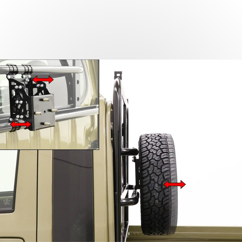 Load image into Gallery viewer, The Hard Cargo Spare Tyre Carrier shown attached to a Daihatsu Hijet with a tyre attached shown from the side
