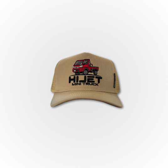 The Davey Motor Group Hijet Mini Truck Trucker Cap in brown, straight on with a red hijet truck on the cap