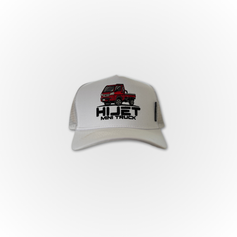 Load image into Gallery viewer, The Davey Motor Group Hijet Mini Truck Trucker Cap in white, straight on with a red hijet truck on the cap
