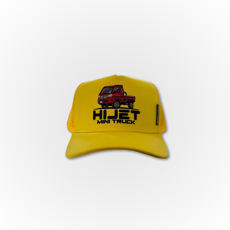 Load image into Gallery viewer, The Davey Motor Group Hijet Mini Truck Trucker Cap in yellow, straight on with a red hijet truck on the cap

