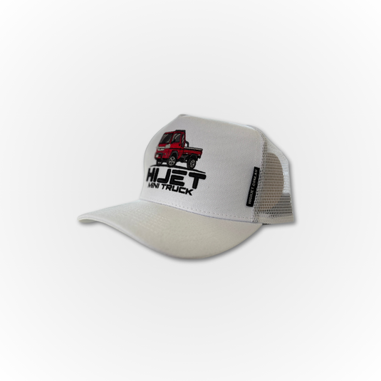 The white Davey Motor Group Hijet Mini Truck trucker hat. showing it's red Hijet truck. shown from the side on a white background