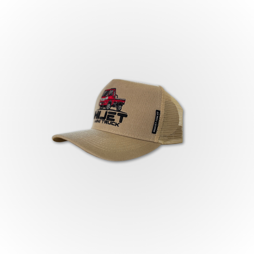 The Brown Davey Motor Group Hijet Mini Truck trucker hat. showing it's red Hijet truck. shown from the side on a white background