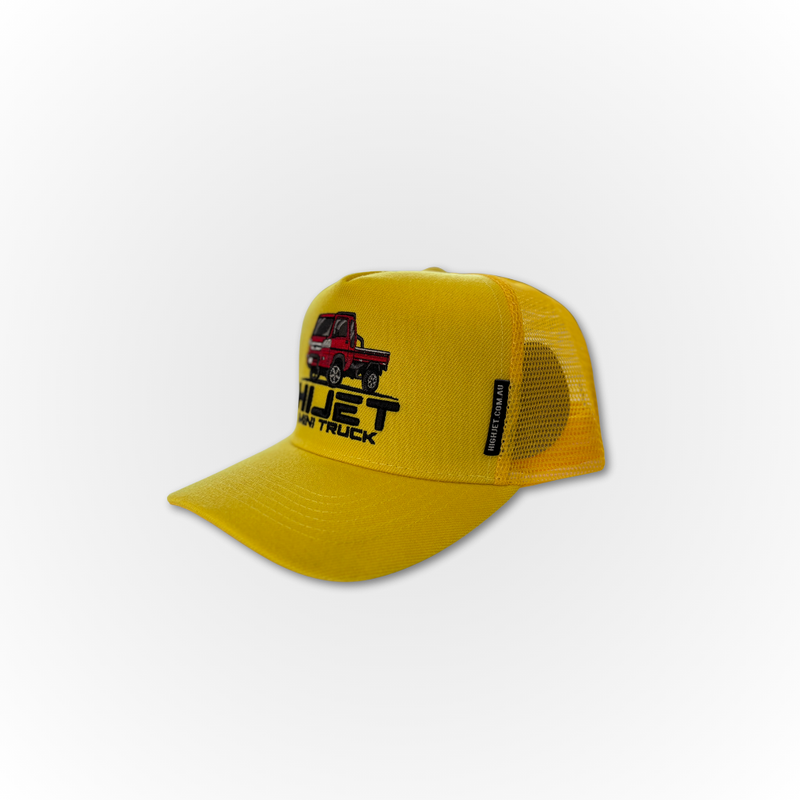 Load image into Gallery viewer, The Yellow Davey Motor Group Hijet Mini Truck trucker hat. showing it&#39;s red Hijet truck. shown from the side on a white background

