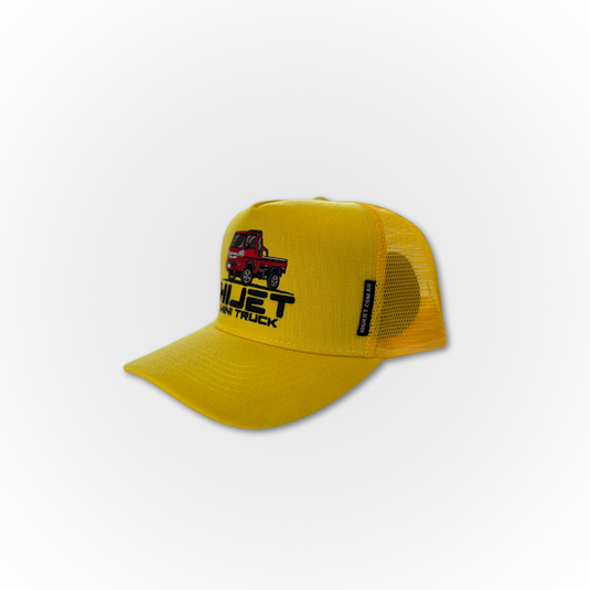 The Yellow Davey Motor Group Hijet Mini Truck trucker hat. showing it's red Hijet truck. shown from the side on a white background