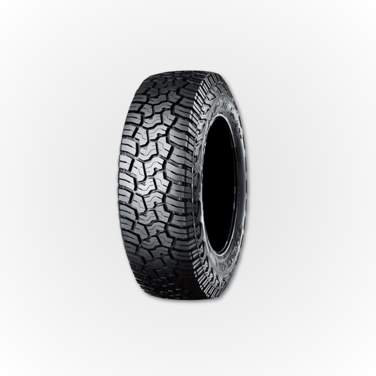 A Yokohama Geolandar tyre shown from the front to show the tread pattern clearly