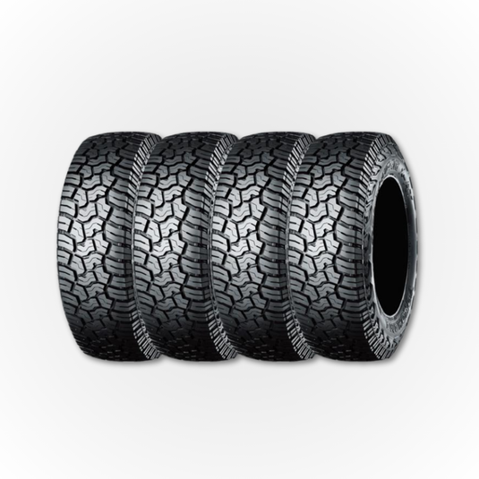 Four Yokohama Geolandar tyres side-by-side, all showing the tread pattern of the tyre